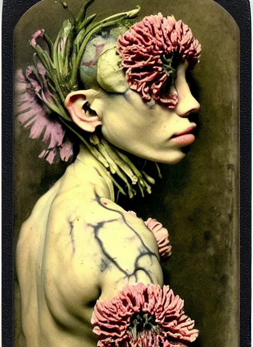 Prompt: beautiful and detailed rotten woman made of plants and carnation, chrysanthemum, tulips, muscles, intricate, organs, ornate, surreal, john constable, guy denning, gustave courbet, caravaggio, romero ressendi 1 9 1 0 polaroid photo