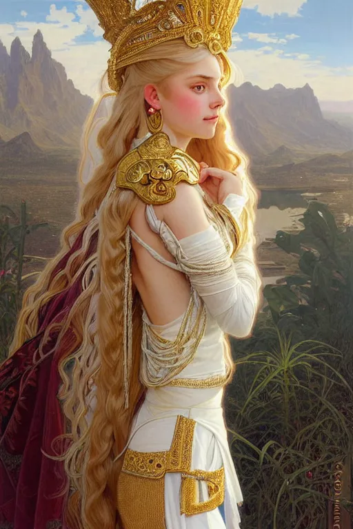 Image similar to portrait of a humanoid princess with long blonde hair, standing next to a beautiful view, ornate white officers outfit with gold embellishments, intricate, elegant, highly detailed, oil painting, illustration, art by artgerm and greg rutkowski and alphonse mucha, 8 k