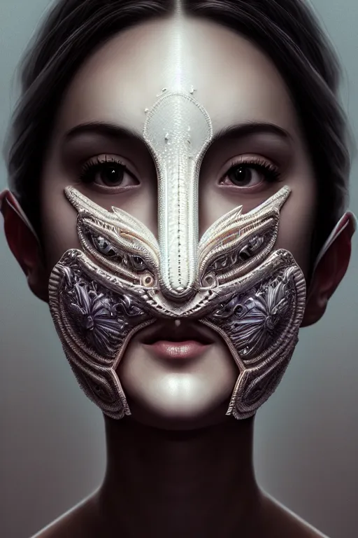 Prompt: portrait of a hyper detailed beautiful full faced mask detailed stitching, beautifully lit, cinematography, 8 k post production, atmospheric background, ambient occlusion, global illumination by balenciaga, wlop, riyahd cassiem, art station trending, concept art