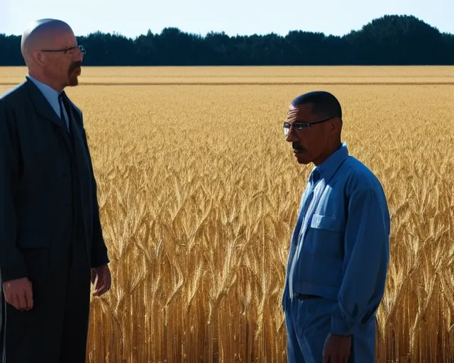 Image similar to extreme long shot of walter white and gustavo fring stand facing each other from a distance in a wheat field, low angle, side view, 3 5 mm photograph, 8 k resolution, wide shot, sharp lens