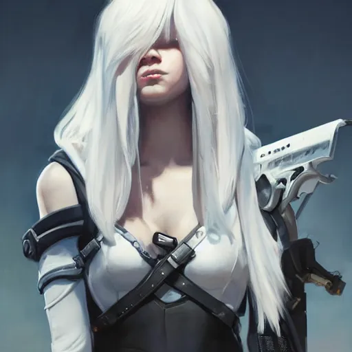 Image similar to greg manchess portrait painting of a 2 yorha type a no. 2 as overwatch character, white long hair, medium shot, asymmetrical, profile picture, organic painting, sunny day, matte painting, bold shapes, hard edges, street art, trending on artstation, by huang guangjian and gil elvgren and sachin teng