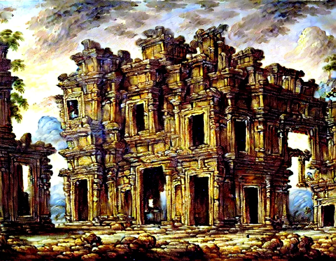 Image similar to hyper realistic detailed oil painting of ancient forgotten palace of shangrila, 8 k ultra hd, by jan matejko