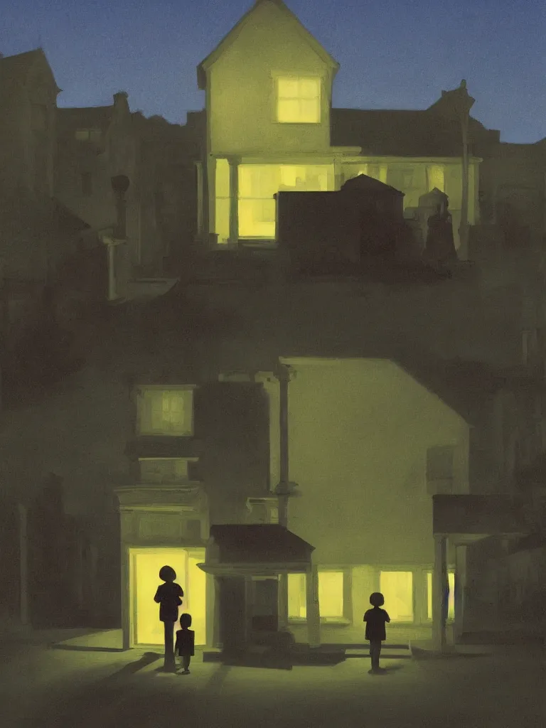 Image similar to two kids posing for a picture at night, dark, backlighting, small village, town square, trees, vegetation, artwork by edward hopper, james gilleard, zdzislaw beksinski, atmospheric, muted pastels