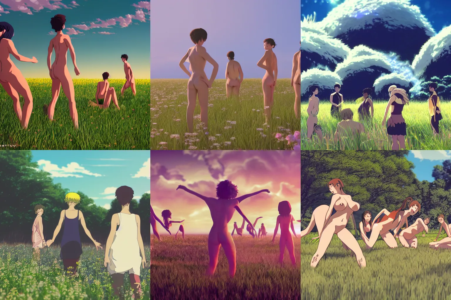 Prompt: orgy standing in a field hyper realistic octane rendering 8k studio ghibli style