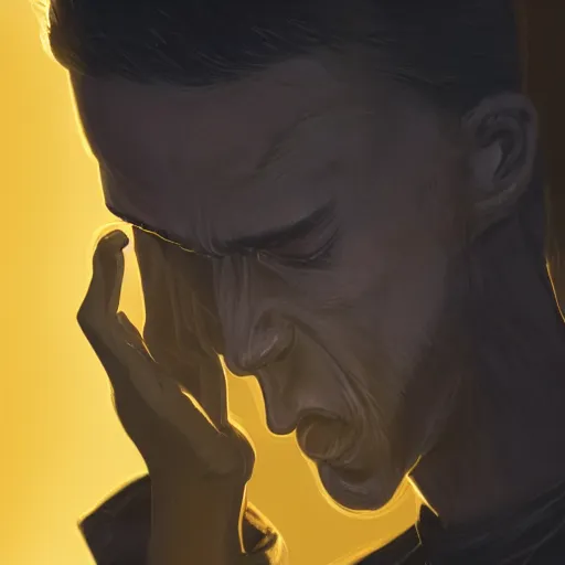 Prompt: Close up of a young, thin and stern catholic priest fervently praying as he is about to die from the ominous Lovecraftian yellow shadow descending upon him from the night sky. The yellow shadow feels very oppressive and terrifying. Low angle, dramatic lighting. Award-winning digital art, trending on ArtStation