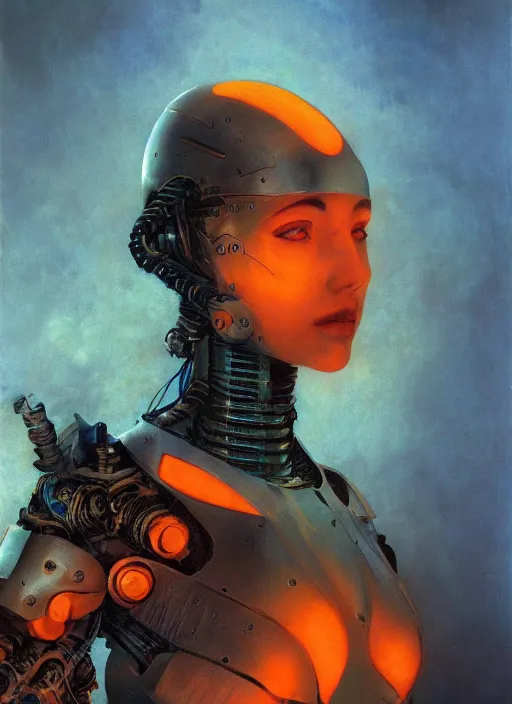 Image similar to ( ( symmetry ) ) closeup portrait of a stunning cyborg girl ( ( ( crying in tears ) ) ), armor set, strong cinematic light, backlit, teal orange, viscous volumetric smoke, mist, by gerald brom, by mikhail vrubel, by peter elson, muted colors, extreme detail, trending on artstation, 8 k