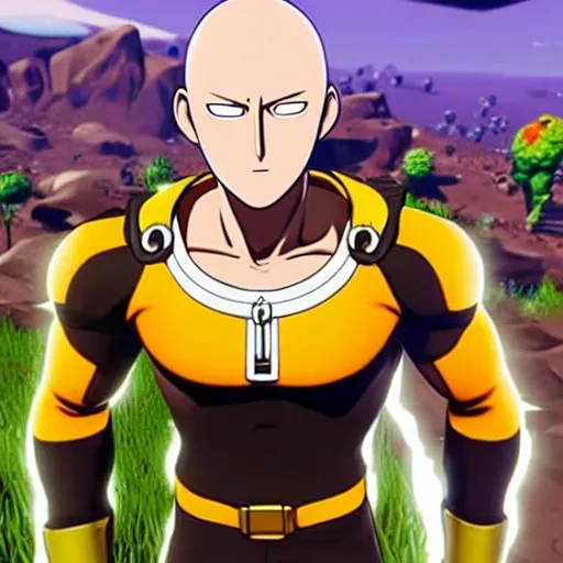 Image similar to one punch man in fortnite, character render, full body shot, highly detailed, in game render