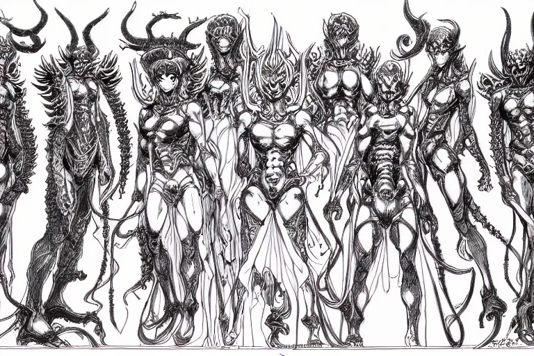 Image similar to study of a group of demons, character design sheet with intricate linework, in the style of moebius, ayami kojima, 9 0's anime, retro fantasy