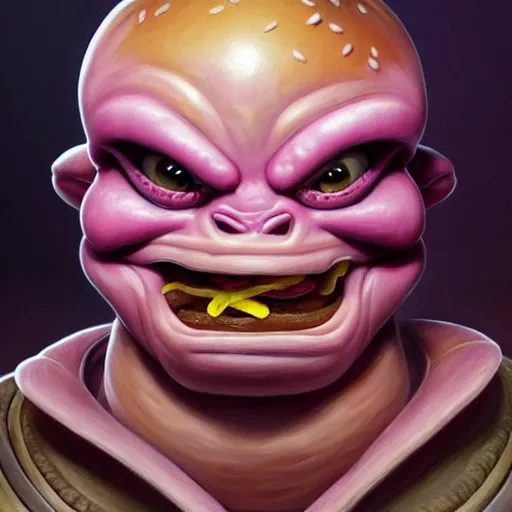 Image similar to portrait of krang from tmnt eating hamburgers, extra onions and ketchup, luscious patty with sesame seeds, feminine ethereal, handsome, d & d, fantasy, intricate, elegant, highly detailed, digital painting, artstation, concept art, matte, sharp focus, illustration, art by artgerm and greg rutkowski and alphonse mucha