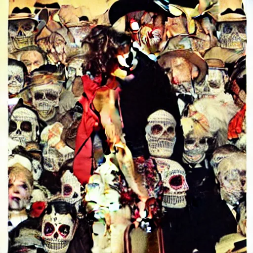Prompt: in the style Norman Rockwell and Joshua Middleton comic cover art, mila kunis, skull paint, dia de Los muertos, trenchcoat, day of the dead, full body, smiling, cowboy hat