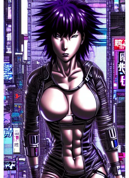 Image similar to motoko kusanagi in grungy cyberpunk megacity, intricate and finely detailed, cyberpunk vaporwave, portrait by j scott campbell