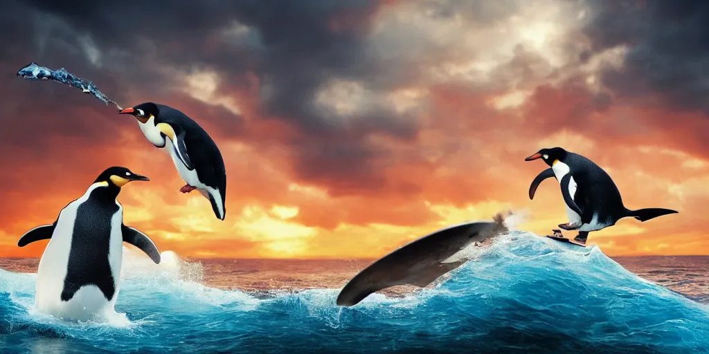 Image similar to the coolest penguin in the world, surfing on a shark, smoking a gigantic joint, realistic 4 k octane beautifully detailed render, 4 k post - processing, highly detailed, intricate complexity, epic composition, magical atmosphere, cinematic lighting, masterpiece, ultra hd