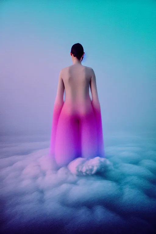 Image similar to high quality pastel coloured film close up wide angle photograph of a model wearing clothing swimming on cloud furniture in a icelandic black rock!! environment in a partially haze filled dreamstate world. three point light, rainbow. photographic production. art directed. pastel colours. volumetric clouds. pastel gradient overlay. waves glitch artefacts. extreme facial clarity. 8 k. filmic.