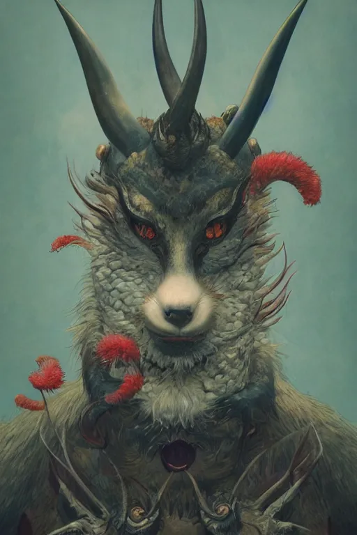 Prompt: a portrait of a the great japanese devil animal illustrated by miyazaki by karol bak, james jean, tom bagshaw, rococo, sharp focus, trending on artstation, cinematic lighting, hyper realism, octane render, 8 k, hyper detailed, vivid, ultra detailed, highly detailed