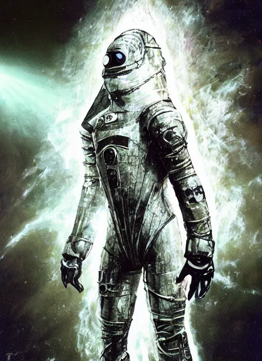 Prompt: astronauts in dark and empty void underwater poster - complex and hyperdetailed technical suit. go pro selfie. reflection and dispersion materials. rays and dispersion of light. volumetric light. wide lens, f / 3 2. noise film photo. flash photography. poster by wayne barlowe, hajime sorayama aaron horkey, craig mullins