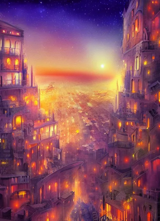 Image similar to ethereal starlit city of dreams at sunset, italian futurism, da vinci, hd, digital painting