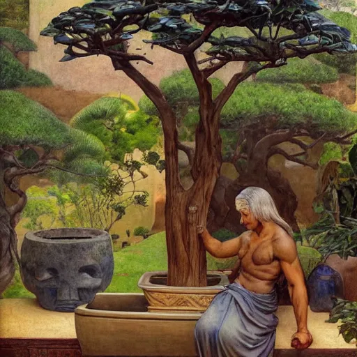 Image similar to Muscular African gardener cutting bonsai trees, grey Hair, idyllic Garden, by Annie Swynnerton and Nicholas Roerich and jean delville, glowing paper lanterns, strong dramatic cinematic lighting , ornate tiled architecture, lost civilizations, smooth, sharp focus, extremely detailed