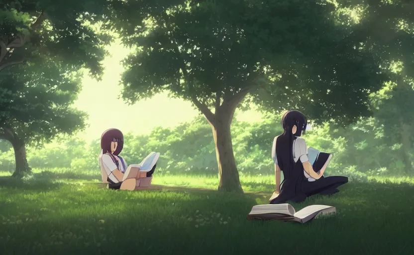 Prompt: An anime girl sitting under a tree, reading a book, anime scenery by Makoto Shinkai, digital art