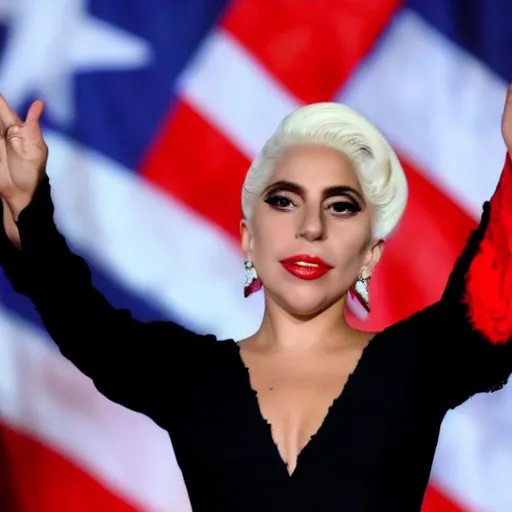 Image similar to Lady Gaga president of Argentina, Argentina flag behind, bokeh, detailed, hd, waving hands