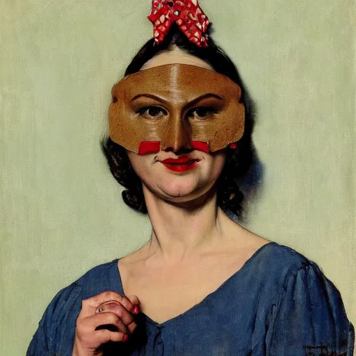 Image similar to frontal portrait of a woman with a theater mask, by norman rockwell