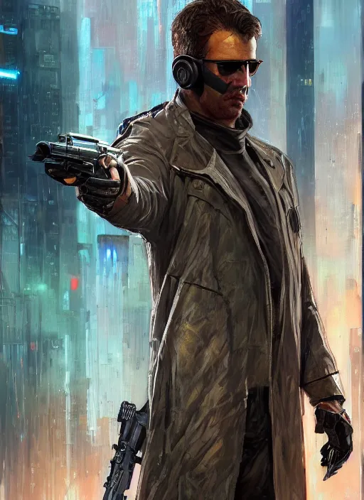 Prompt: Modern Teddy Roosevelt. Cyberpunk hitman in tactical gear. plastic raincoat. blade runner 2049 concept painting. Epic painting by James Gurney, Azamat Khairov, and Alphonso Mucha. ArtstationHQ. painting with Vivid color. (rb6s, Cyberpunk 2077)