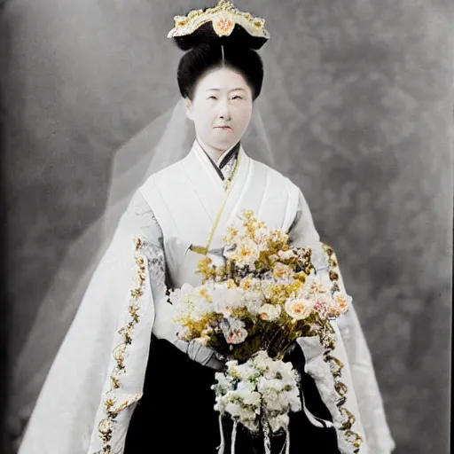 Image similar to A wide full shot, colored black and White Russian and Japanese mix historical fantasy a photograph portrait of the empress in her wedding gown holding her bouquet, 1907 photo from the official wedding photographer for the royal wedding.