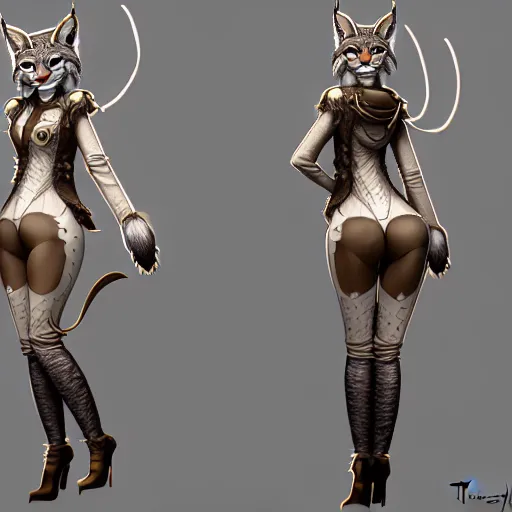 Prompt: full body of anthropomorphic lynx fursona wearing steampunk suit, from behind as a tall woman with lynx head, tail, paws, by tanidareal, irakli nadar, muggur, intricate linework, unreal engine, trending on deviantart, furry art, furaffinity, backlight, white fur, thin legs