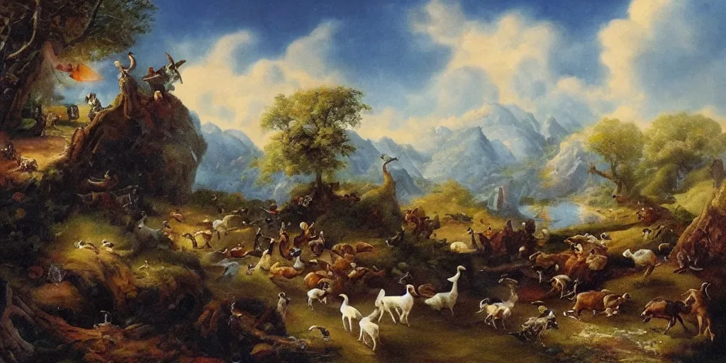 Prompt: fantasy landscape, ducks and goats going to war