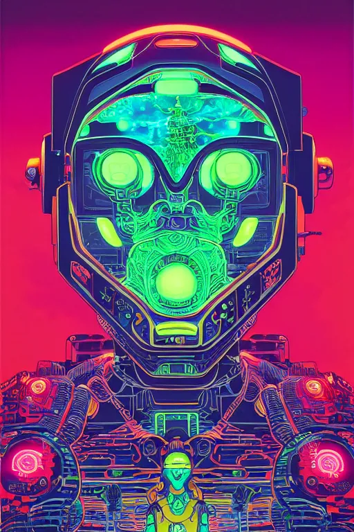 Image similar to ortographic view of Bioluminescent flourescent portrait of mecha, very intricate , by Jen Bartel and Moebius and Dan Mumford and Satoshi Kon, gouache illustration, vivid colors