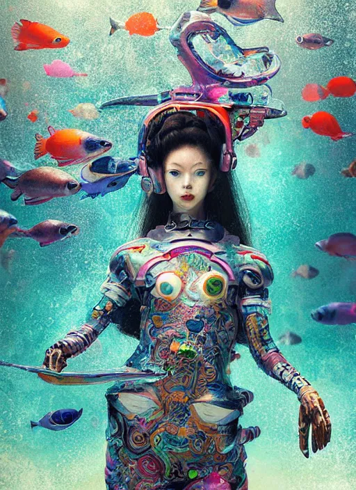 Image similar to portrait of a futuristic geisha cyborg in the ocean surrounded by little colorful fish, modern fine art, fractal, intricate, elegant, highly detailed, digital photography, subsurface scattering, by jheronimus bosch and greg rutkowski,