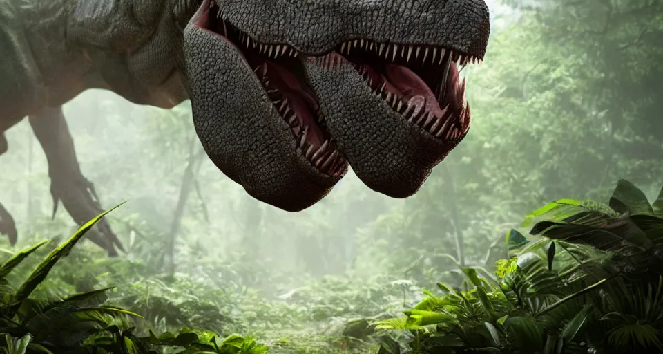 Prompt: closeup portrait of a t-rex in a jungle environment, dramatic lighting, cinematic, octane render, cgsociety, artstation, 4k