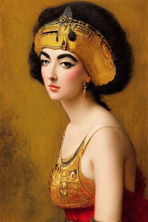 Prompt: A beautiful portrait of cleopatra de liz taylor, frontal, digital art by Eugene de Blaas and Ross Tran, vibrant color scheme, fine art, highly detailed, in the style of romanticism