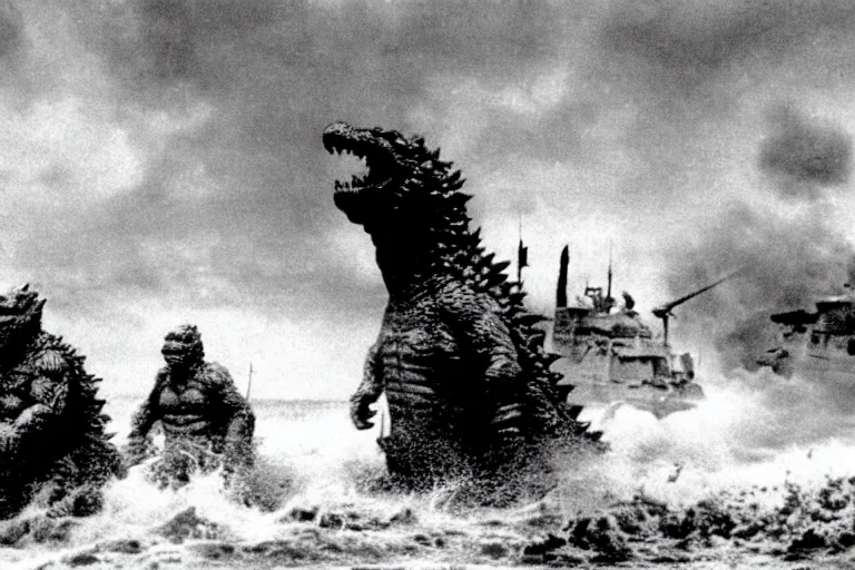 Prompt: film still godzilla!!! storming the beach of normandy in saving private ryan