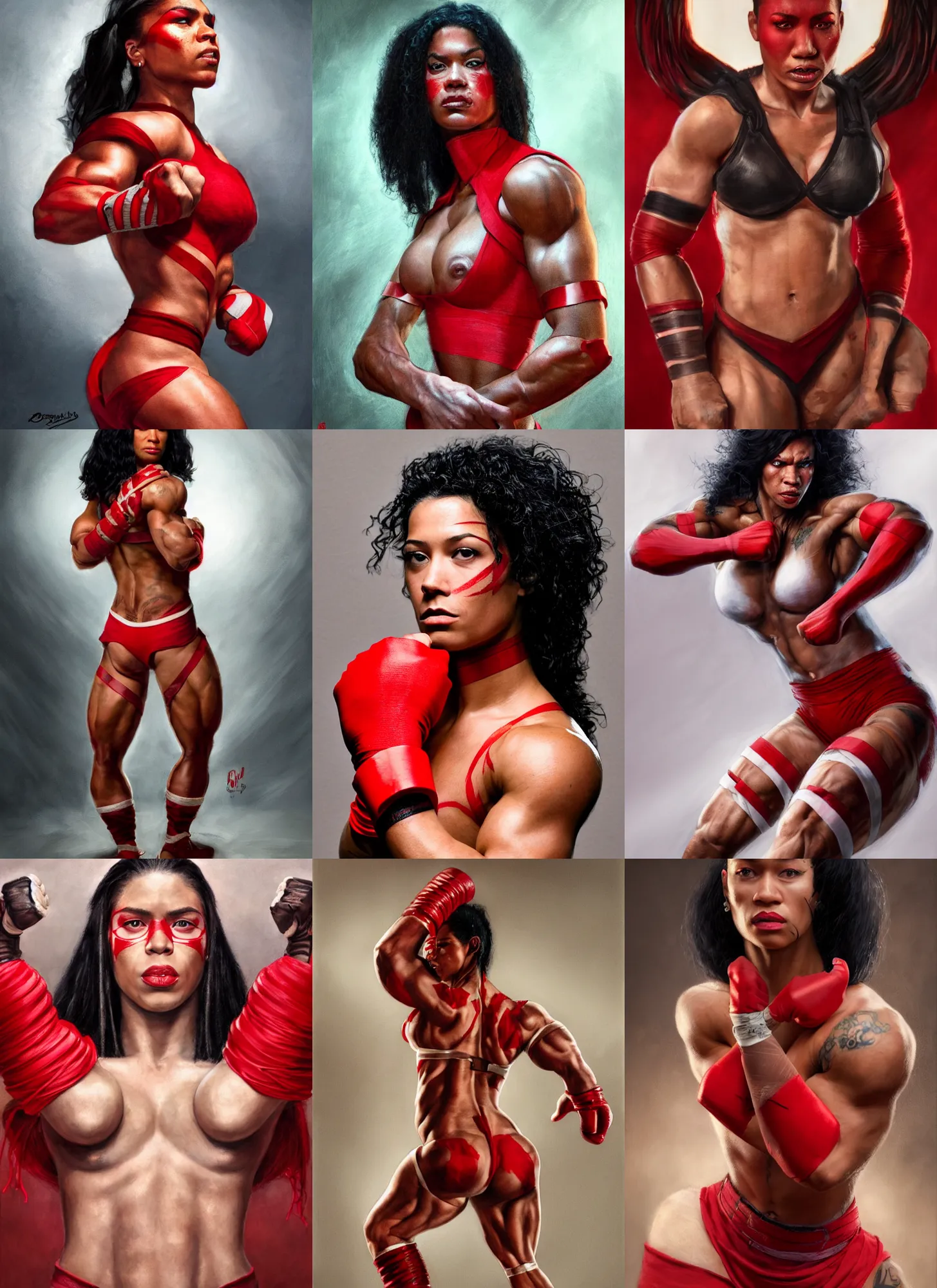 Prompt: a portrait of tanaya beatty, muscular, wearing red attire, white bandage taped fists, medium length black hair, beauty mark on left cheek, red phoenix tattoo on back, serious, style by donato giancola, wayne reynolds, jeff easley dramatic light, high detail, cinematic lighting, artstation, dungeons and dragons