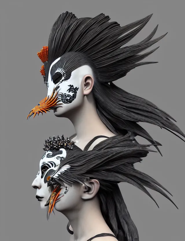 Image similar to 3 d goddess close - up profile simple portrait punk with mohawk with ram skull. beautiful intricately detailed japanese crow kitsune mask and clasical japanese kimono. betta fish, jellyfish phoenix, bio luminescent, plasma, ice, water, wind, creature, artwork by tooth wu and wlop and beeple and greg rutkowski