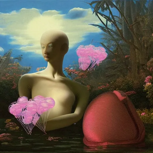 Image similar to scifi, liminal spaces, party balloons, checkered pattern, David Friedrich, award winning masterpiece with incredible details, Zhang Kechun, a surreal vaporwave vaporwave vaporwave vaporwave vaporwave painting by Thomas Cole of an old pink mannequin head with flowers growing out, sinking underwater, highly detailed