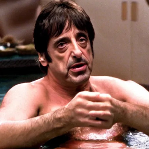 Image similar to al pacino scarface hot tub scene, except he is wearing catgirl ears and browsing his iphone