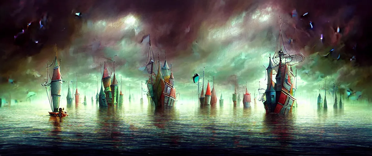 Prompt: cruising ship sailing at miniature megalopolis future, raining night at flooded miniature city, nice huge insane godrays, god helping mystic soul by, gediminas pranckevicius