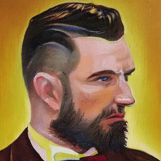 Prompt: a canvas painting of an irish man with a fade haircut, lighting a cigar, wearing a suit, bowtie, and ring, highly detailed, realistic