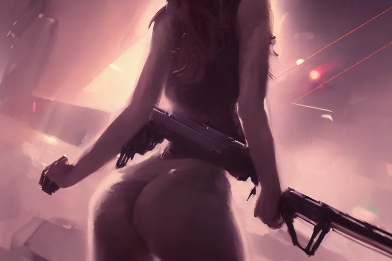 Image similar to back shot of one single beautiful girl, holding a sniper rifle, digital art by wlop. artstation contest winner, cinematic paint. lower shot. blade runner