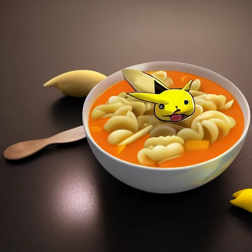 Prompt: hyperrealistic photo of a bowl of soup made of pikachu shaped pasta