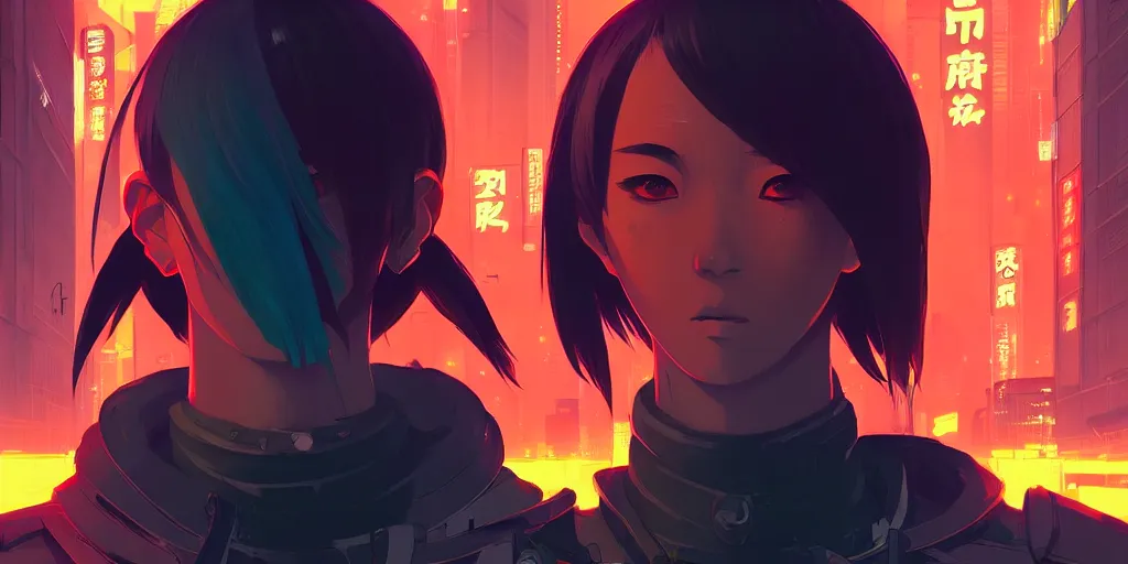 Image similar to digital illustration closeup portrait of cyberpunk samurai in city street at night by makoto shinkai, ilya kuvshinov, lois van baarle, rossdraws, basquiat | afrofuturism, in the style of hearthstone, trending on artstation | cool color scheme