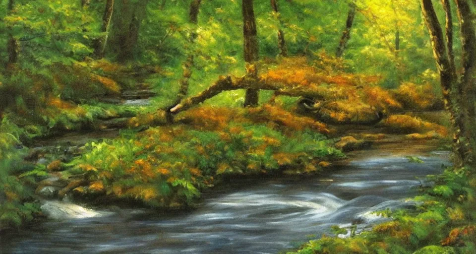 Image similar to a breathtaking painting of a stream in a forest by Bob ross