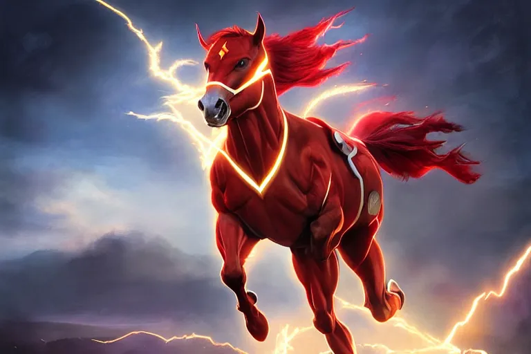 Image similar to a stunning digital painting of a horse as the flash in spandex costume, running in the speedforce by greg rutkowski, volumetric light, digital art, fine detail, photorealistic