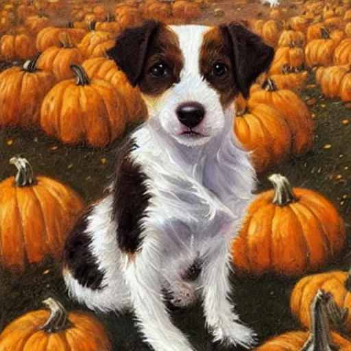 Prompt: a cute long haired jack russell puppy, white with brown spots and a brown patch over each eye, amidst piles of pumpkins. halloween autumn fall art. beautiful painting by henriette ronner - knip and artgerm and greg rutkowski