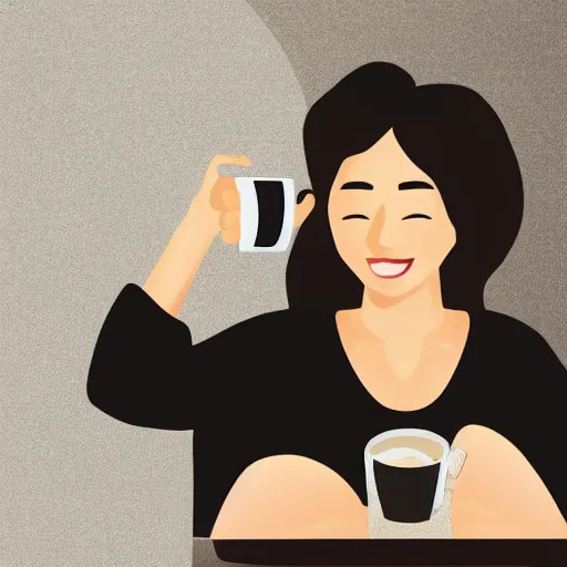 Image similar to photorealistic illustration of a person using a computer happily while drinking coffee