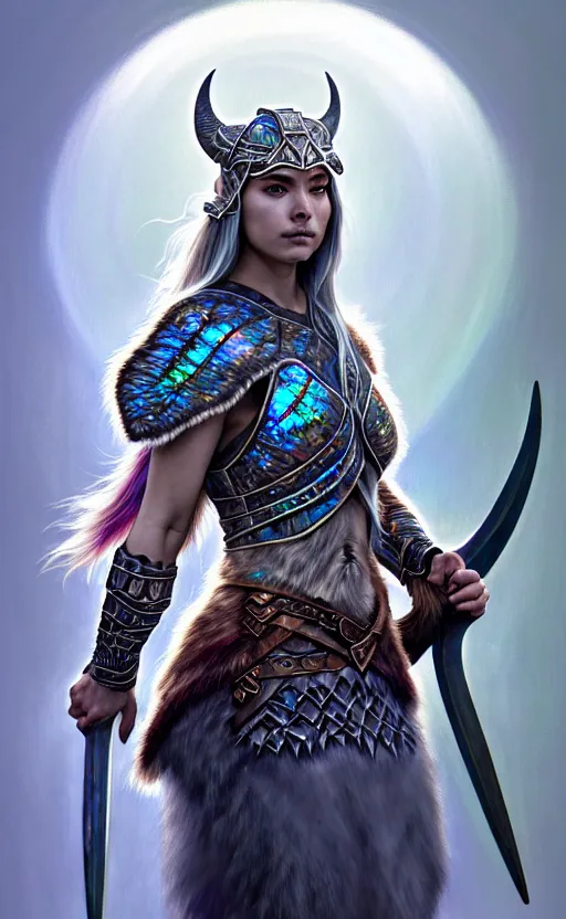 Prompt: iridescent opal viking warrior, wolf armor, winter, morandi color scheme, hd, illustration, epic, d & d, fantasy, intricate, elegant, highly detailed, wide angle, digital painting, artstation, concept art, smooth, sharp focus, illustration, wallpaper, art by artgerm and greg rutkowski and alphonse mucha and jin xiaodi