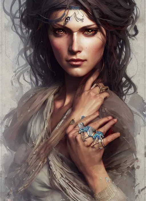 Image similar to a professional painting of an gypsy woman intricate, elegant, digital painting, concept art, smooth, sharp focus, finely detailed illustration, beautifully framed, from Metal Gear, in the style of Artgerm and Greg Rutkowski and William-Adolphe Bouguerea