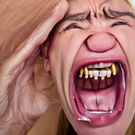 Image similar to caricature of extremely angry mascular wrinkled screaming woman 8k ultra detailed