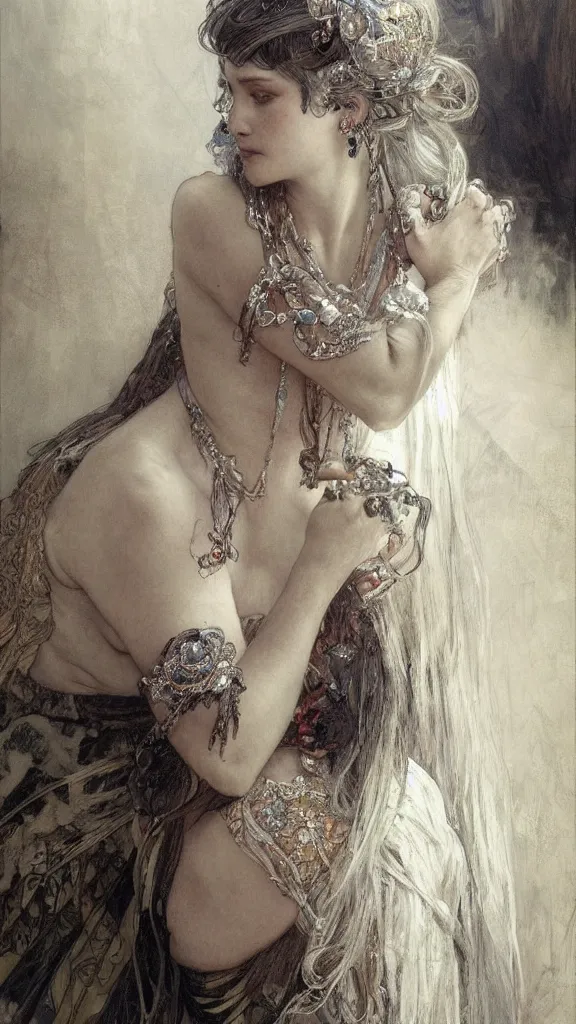 Image similar to a highly detailed beautiful white haired woman, adorned with precious stones, pen and ink, intricate line drawings by jeremy mann and alphonse mucha, 8 k resolution, trending on artstation, very very detailed, masterpiece, stunning,